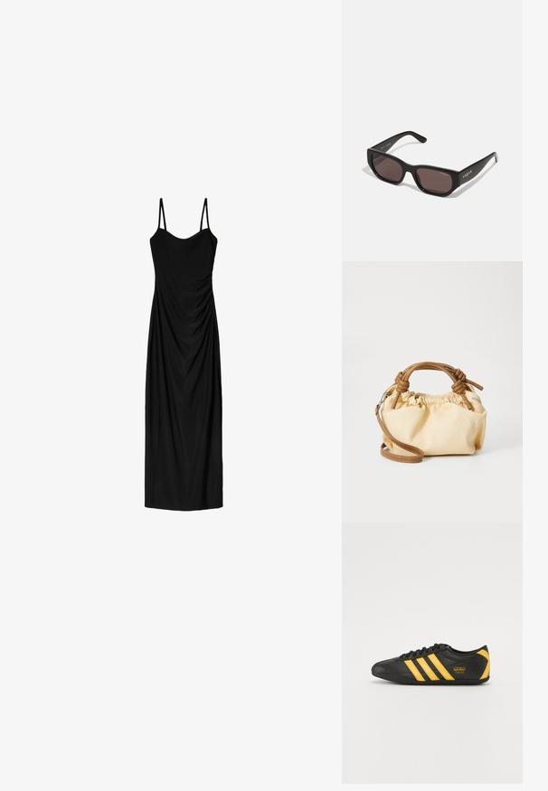 Čierne midi šaty s tenkými nastaviteľnými ramienkami, s prekrývajúcim sa dizajnom a hladkou textúrou. Žiadne viditeľné vzory ani zdobenie.; Čierne kožené atletické topánky s žltým trojpruhovým dizajnom, okrúhlou špičkou, čiernymi šnúrkami a malým logom na strane. Nízky profil.; Čierne obdĺžnikové slnečné okuliare s tmavými sklami. Majú hladký plastový rám a detail loga na bočnej časti. Čistý, moderný dizajn.; Malá krémová kabelka s textúrou, hnedými koženými rúčkami a odnímateľným ramenným popruhom. Zhrnutý dizajn s viditeľnými švovými detailmi.