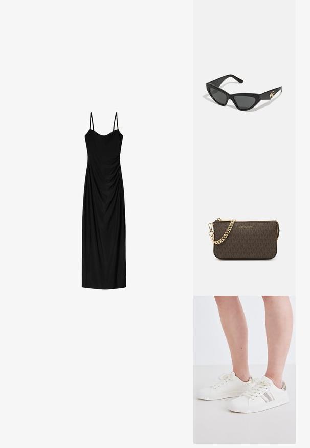 Fekete midi ruha vékony, állítható pántokkal, amely drapált designnal és sima textúrával rendelkezik. Nincsenek látható minták vagy díszítések.; Fehér sportcipők dekoratív fémes részletekkel, sima felülettel, kerek orral, fűzős kivitelben és diszkrét csillogó csíkokkal.; Macska szemformájú napszemüveg matt fekete műanyag kerettel, sötét lencsékkel és arany logóval a szárán. Szögletes kialakítás és sima felület.; Barna bőr keresztpántos táska logómintával, arany láncos pánttal, cipzáras záródással és arany fémkiegészítőkkel. Kompakt és téglalap alakú dizájn.