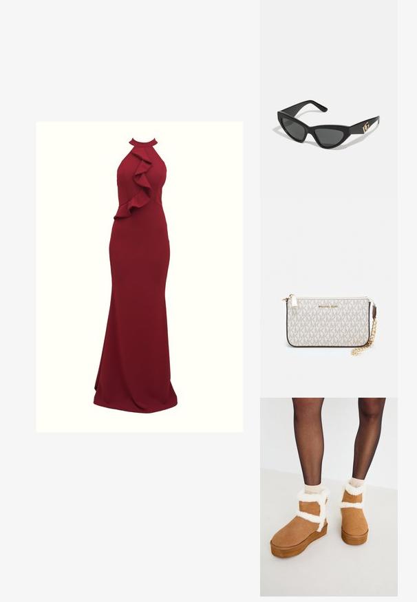 Burgundowa sukienka na szyję z falbanami po bokach; dopasowany krój; wykonana z gładkiego, elastycznego materiału; długość do podłogi.; Brązowe zamszowe botki do kostek z białym futrem syntetycznym i platformą, z charakterystycznym designem krzyżujących się paseczków. Gładka tekstura i zaokrąglony nos.; Okulary przeciwsłoneczne w kształcie kocich oczu z matową czarną oprawką z plastiku, ciemnymi soczewkami oraz złotym akcentem z logo na zausznicy. Kanciasty kształt i gładka tekstura.; Portfel na nadgarstek marki Michael Kors w beżowej, pokrytej płótnem, z powtarzającym się wzorem logo MK, złotym okuciem i odpinanym łańcuszkowym paskiem.
