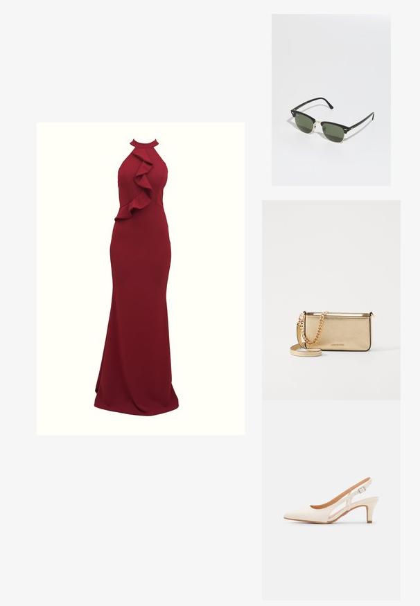 Burgundska halter haljina s volanima sa strane; silueta koja se prilagođava tijelu; izrađena od glatkog, rastezljivog materijala; dužina do poda.; Bijela slingback peta s oštrim vrhom, glatkim gornjim materijalom, niskom blok peta te dizajnom s bočnim izrezom i podešivom kopčom.; Crne i zlatne naočale s zelenim staklima, u obliku mačjih očiju, s metalnim naglascima i teksturiranim okvirom.; Metalna zlatna kožna torbica s teksturiranom površinom, opremljena zlatnim lancem i uklonjivom naramenicom. Utisnuti logotip branda.