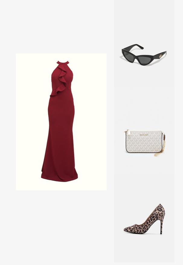 Burgundin värinen halterneck-mekko, jossa on röyhelödetaljeita sivuilla; tiimalasikujainen malli; valmistettu sileästä, joustavasta kankaasta; lattialle ulottuva muoto.; Kengät, joissa on leopardikuosiset korkeat korot ja terävä kärki, teksturoitu kangas, 10 cm:n stiketti korko ja sileä sisävuori.; Aurinkolasit kissansilmällä, joissa on matta musta muovikehys, tummat linssit ja kultainen logokiinnitys temppeleissä. Kulmikas muotoilu ja sileä pinta.; Michael Kors kääröbeige pinnoitettua kangasta, jossa on toistuva MK-logo -kuvio, kultaiset yksityiskohdat ja irrotettava ketjuhihna.