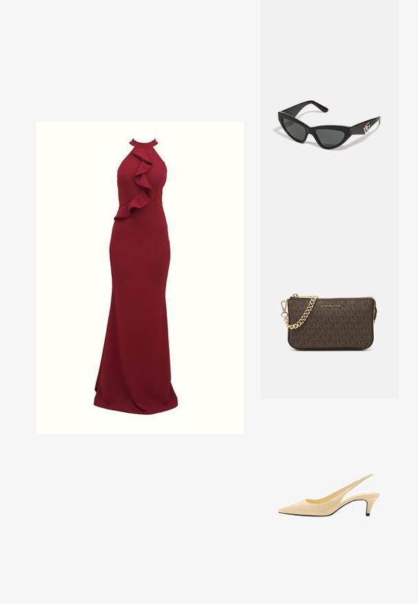 Burgundska halter haljina s volanima sa strane; silueta koja se prilagođava tijelu; izrađena od glatkog, rastezljivog materijala; dužina do poda.; Bež kožne cipele s remenom s uskim vrhom, niskom kitten petom i glatkom mat površinom. Osvježene uskim izrezima sa strane.; Naočale u obliku mačjih očiju s okvirom od mat crne plastike, tamnim lećama i zlatnim logotipom na sljepočnici. Kutni dizajn i glatka tekstura.; Smeđa kožna torba preko ramena s uzorkom loga, zlatna lanac trakica, zatvaranje na patentni zatvarač i zlatni metalni detalji. Kompaktna i pravokutna forma.