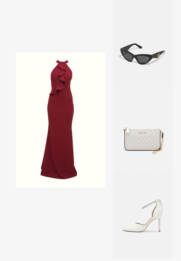 Burgundia halterkaelusega kleit, millel on volangidega küljeosalised; keha lähedane siluett; valmistatud siledast, venivast kangast; põrandani ulatuv disain.; Valge kõrge kontsaga king, millel on terav nina disain, nahkmaterjal, reguleeritav pahkluu rihm, mis on kaunistatud rhinestone'idega, ja kitsas stilettokonts.; Kassionkoodiga päikeseprillid, millel on mati must plastraam, tumedad objektiivid ja kuldne logo aksent templis. Nurgaeline disain ja sile tekstuur.; Michael Korsi randmevõru beige kaetud kangast, millel on korduv MK logo muster, kuldne riistvara ja eemaldatav ahelistrap.