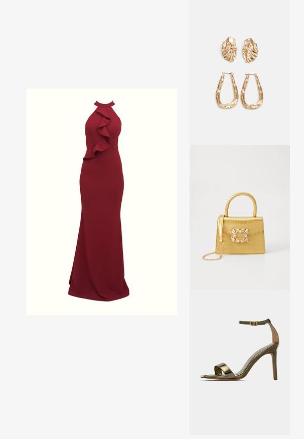 Burgunderfarbendes Neckholder-Kleid mit Rüschendetails an der Seite; figurbetonende Silhouette; aus glattem, dehnbarem Stoff gefertigt; bodenlanger Schnitt.; Goldene High-Heel-Sandale mit Knöchelriemen und Schnalle, offener Spitze, schlankem Stiletto-Absatz und glänzender metallischer Oberfläche auf schlichtem Hintergrund.; Gelbe Kunstleder-Handtasche im Krokodil-Look mit strukturiertem Design, Obergriff, abnehmbarem Kettenriemen und dekorativer Kristallverzierung am Verschluss.; Ohrringe in Goldoptik mit strukturierten, gewellten Formen. Beinhaltet skulpturale Clip-Ohrringe und ein offenes Hoop-Design mit gehämmertem Finish.