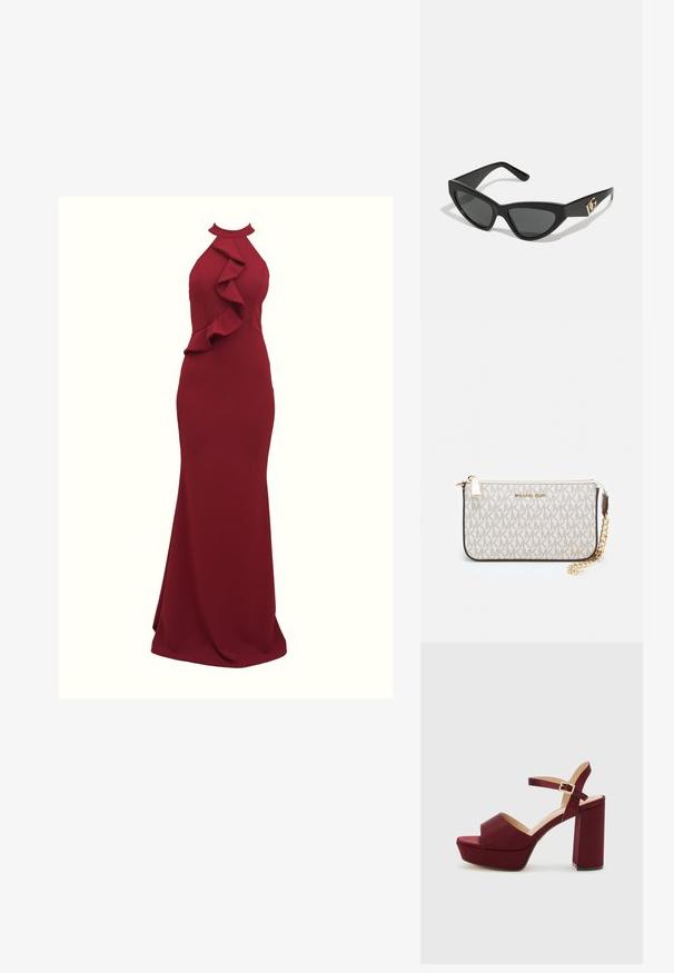 Burgundská šaty s řemínky za krk a volánkovými detaily na stranách; těsně přiléhající silueta; vyrobeno z hladké, elastické tkaniny; dlouhý střih až na zem.; Burgundské platformové sandály s otevřenou špičkou, silným blokovým podpatkem, řemínkem kolem kotníku a saténovým povrchem. Mají křížový design vpředu.; Sunglasses ve tvaru kočičích očí s matným černým plastovým rámem, tmavými skly a zlatým logem na stranu. Úhlový design a hladká textura.; Kabelka na zápěstí Michael Kors v béžové potažené plátno s opakujícím se vzorem loga MK, zlatými kovovými doplňky a odnímatelným řetízkovým popruhem.