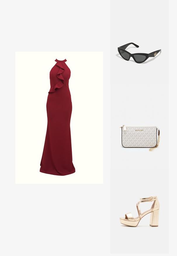 Burgundy halter-neck dress with ruffled side detailing; form-fitting silhouette; made of smooth, stretchy fabric; floor-length design.; Gold metallic platform sandals with a chunky block heel, open toe, and crisscross ankle straps featuring buckle accents. Smooth texture.; Cat-eye sunglasses with a matte black plastic frame, dark lenses, and a gold logo accent on the temple. Angular design and smooth texture.; Michael Kors wristlet in beige coated canvas featuring a repeating MK logo pattern, gold hardware, and a detachable chain strap.
