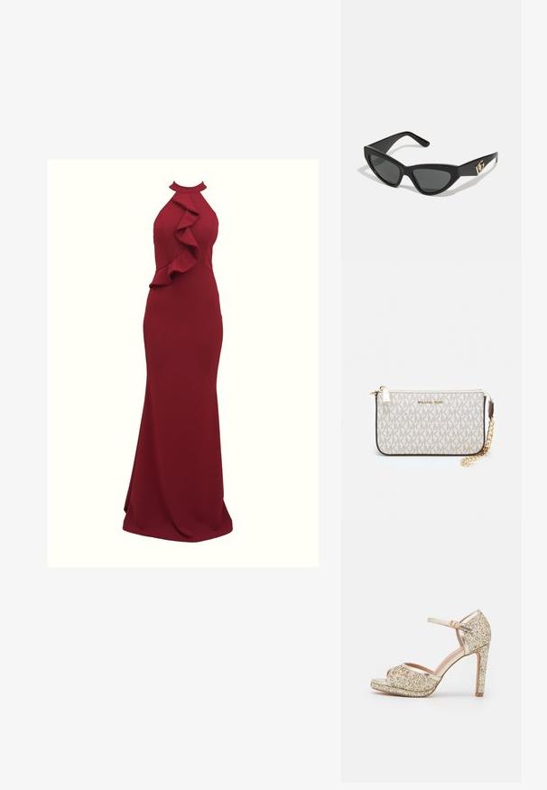 Bordeaux halterjurk met ruches aan de zijkant; aansluitende silhouet; gemaakt van gladde, rekbare stof; vloerlange ontwerp.; Gouden glitter high-heeled sandaal met open teen, enkelbandje en chunky plateauzool. Glad metallic accentueert het algehele ontwerp.; Cat-eye zonnebrillen met een matte zwart plastic frame, donkere lenzen en een gouden logo-accent op de poot. Hoekig ontwerp en een soepele textuur.; Michael Kors polsbandje in beige gecoate canvas met een herhaald MK-logo patroon, gouden hardware en een afneembare kettingriem.