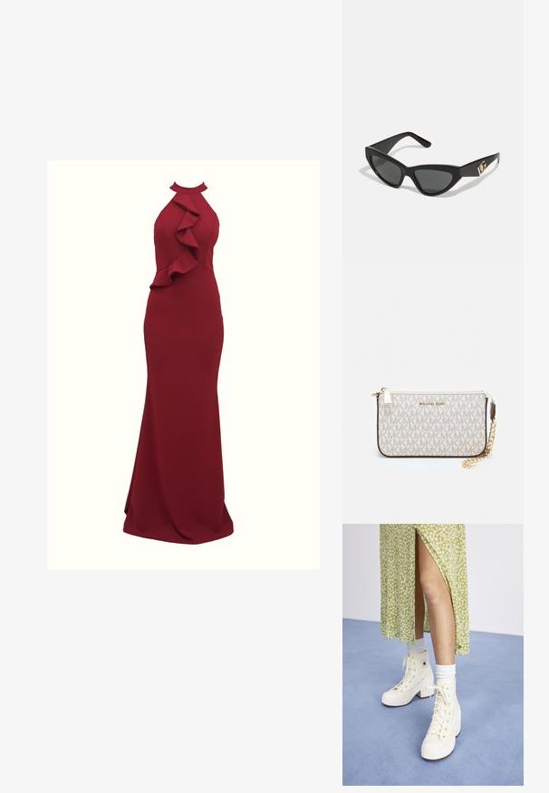 Burgundia halterkaelusega kleit, millel on volangidega küljeosalised; keha lähedane siluett; valmistatud siledast, venivast kangast; põrandani ulatuv disain.; Valged kõrged platvormi tossud paelte ja hõbedaste silmadega, koos valgete lühikeste sokkidega, helesinise põranda taustal.; Kassionkoodiga päikeseprillid, millel on mati must plastraam, tumedad objektiivid ja kuldne logo aksent templis. Nurgaeline disain ja sile tekstuur.; Michael Korsi randmevõru beige kaetud kangast, millel on korduv MK logo muster, kuldne riistvara ja eemaldatav ahelistrap.