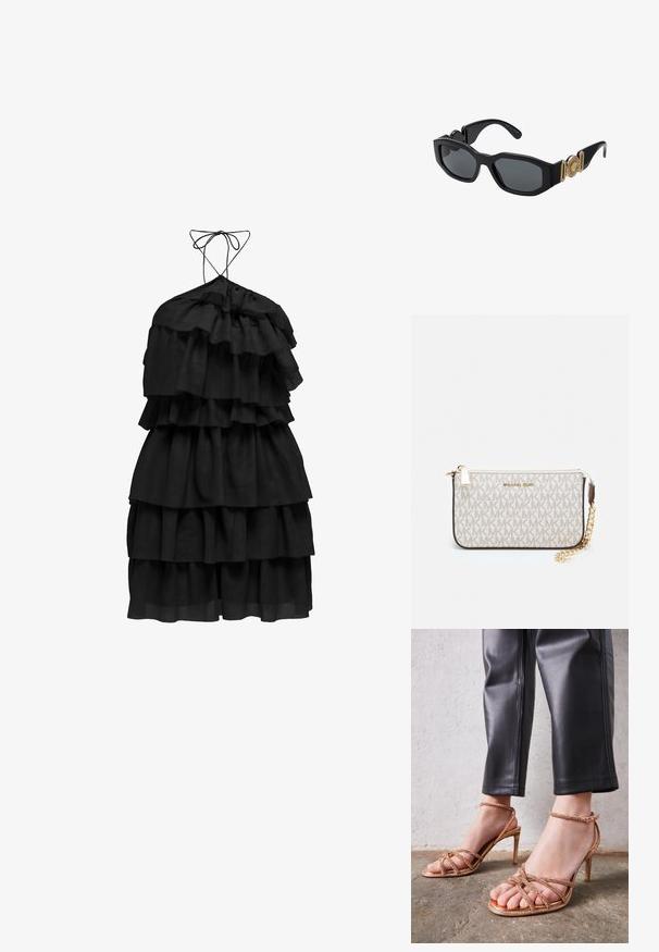 Black dress featuring layered ruffles, a halter neckline with tie straps, and a flowing silhouette. Made of lightweight fabric.; Rose gold heeled sandals feature crisscross straps adorned with small beads. The heels are slender, with a shiny finish and adjustable ankle straps.; Black sunglasses with a chunky geometric frame, dark lenses, and gold metal accents on the temples featuring a round emblem detail.; Michael Kors wristlet in beige coated canvas featuring a repeating MK logo pattern, gold hardware, and a detachable chain strap.