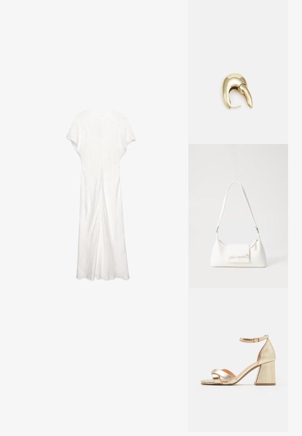 Balta, lengva maksi suknelė trumpomis rankovėmis, pasižyminti struktūruota audinių tekstūra, tiesia siluetu ir ilgiu, kuris krenta žemiau kulkšnies.; Aukso metalo kulniukai su bloko kulnu, atvira nosimi ir kryžminiu dirželiu. Kulkšnies dirželis su sagtimi.; Balta sintetinė rankinė trikampio formos, plokščiu priekiu su užsegimu, kaspino detale, reguliuojama dirželiu, lygia tekstūra ir minimalistišku dizainu.; Aukso tono metalinės auskarai su stilingu, kreiviu dizainu. Išsiskiria ryškiu smailiu pavidalu, poliruota paviršiumi ir užsegimu su vyriu.