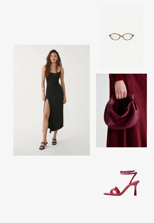 Musta maxi-mekko, jossa on ohuet olkaimet, sivuaukko, sileä kangas ja pitsiyksityiskohtia. Yhdistetty mustiin korkokenkiin.; Punot punasena korkeakorkoiset sandaalit, joissa on narumuotoilu, yksittäinen nilkkahihna ja kapeneva korko vakauden takaamiseksi.; Kilpikonnakuosiset silmälasit, joissa on soikeat linssit ja tyylikäs, sileä pinta. Ominaisuudet: ohuet sivut, joissa on hienovarainen kaari temppeleissä. Kirkkaat linssit.; Burgundy-nahkakäsilaukku, jossa on pehmeä, ryppyinen muotoilu ja pyöreä muoto. Kahva on kiinnitetty tukevasti, ja siinä on sileä pinta.