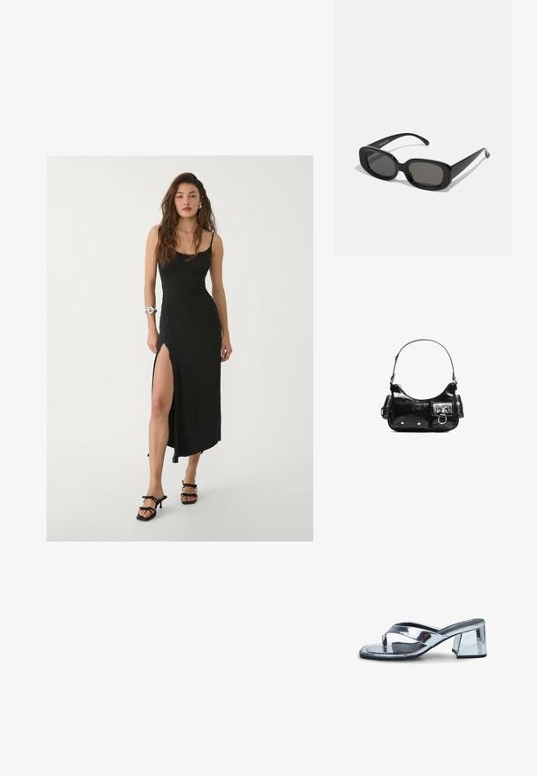 Czarna maxi sukienka na cienkich ramiączkach, z bocznym rozcięciem, gładkiego materiału i koronkowymi detalami. Noszona z czarnymi sandałami na obcasie.; Srebrne metaliczne sandały na obcasie z kwadratowym noskiem, z krzyżującymi się paskami i blokowym obcasem dla większej stabilności. Gładkie, lustrowane wykończenie.; Czarne prostokątne okulary przeciwsłoneczne z ciemnymi soczewkami. Gruba plastikowa oprawa, gładka faktura i zaokrąglone krawędzie. Stylowe zauszniki rozciągają się na zewnątrz.; Czarna torebka z lakierowanej skóry o zaokrąglonym kształcie, z jednym paskiem na ramię, przednimi kieszeniami i akcentami w kolorze srebrnym.