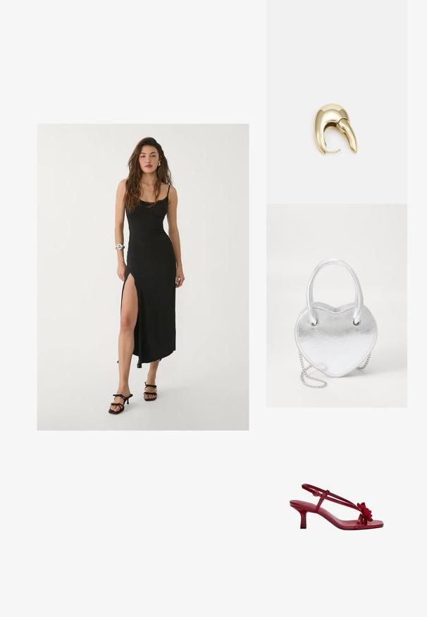 Schwarzes Maxikleid mit Spaghettiträgern, Seitenschlitz, glattem Stoff und Spitzenakzenten. Getragen mit schwarzen Sandalen mit Riemen.; Rote Leder-Slingback-Absätze mit quadrater Zehenpartie, dünnen Riemen und einem strukturierten Blumenakzent an der Vorderseite. Der Stiletto-Absatz ist etwa 6,5 cm hoch.; Silberne metallische herzförmige Handtasche mit zwei Griffen, Kettenriemen und glatter Textur. Verfügt über Metallbeschläge und gestickte Kanten.; Ohrringe aus goldfarbenem Metall mit einem schlanken, geschwungenen Design. Sie verfügen über eine markante, spitze Form, eine polierte Oberfläche und einen Scharnierverschluss.