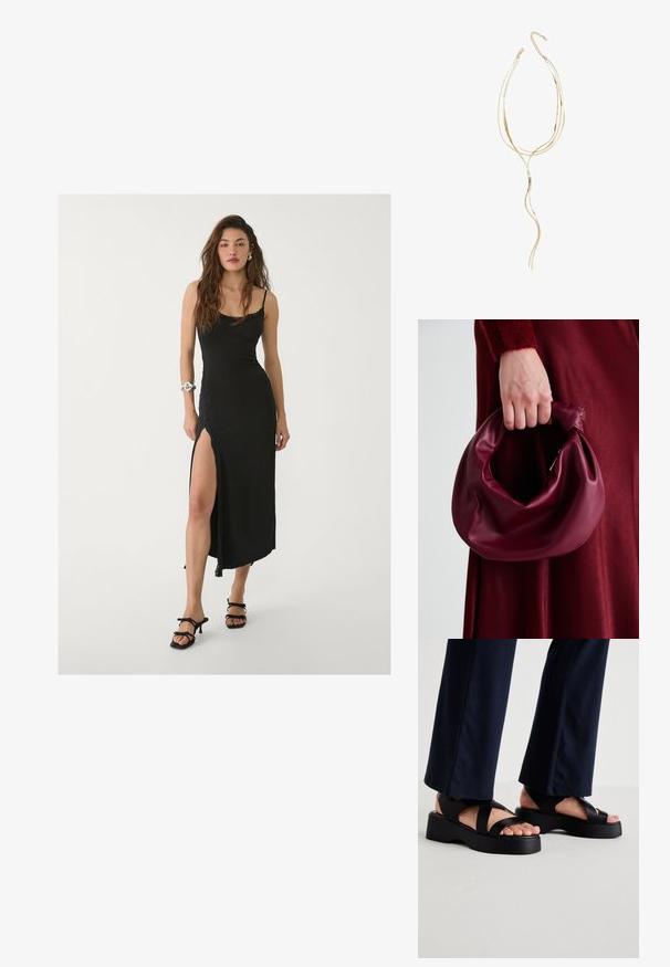 Czarna maxi sukienka na cienkich ramiączkach, z bocznym rozcięciem, gładkiego materiału i koronkowymi detalami. Noszona z czarnymi sandałami na obcasie.; Czarne platformy sandały z szerokimi krzyżującymi się paskami i grubą podeszwą. Górna część wykonana jest z gładkiego materiału, z otwartym noskiem.; Bordowa skórzana torebka o miękkim, marszczonym wyglądzie i zaokrąglonym kształcie. Uchwyt jest zabezpieczony, co podkreśla gładką fakturę.; Złoty naszyjnik wielowarstwowy o falistych kształtach; posiada gładką, błyszczącą metalową fakturę oraz regulowany łańcuszek umożliwiający dostosowanie długości.