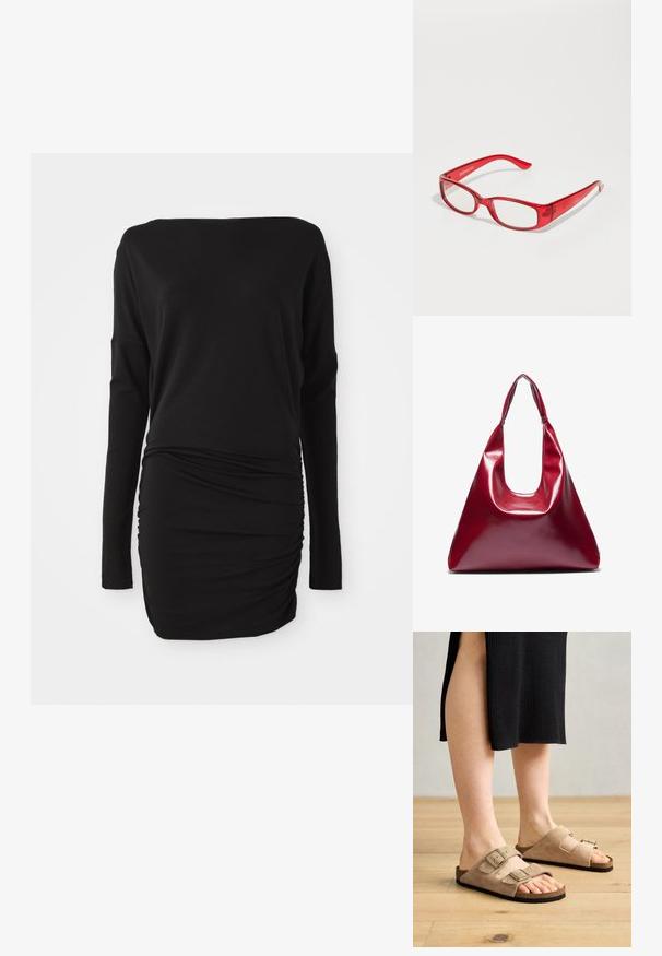 Robe noire à manches longues réalisée en tissu doux, avec un décolleté bateau et des détails froncés sur le côté, créant une silhouette ajustée.; Sandales en daim beige avec deux brides réglables, semelle en liège et semelles en caoutchouc, mises en valeur sur des pieds avec un fond en bois.; Des lunettes en plastique rouge avec une monture rectangulaire, des verres transparents et des branches fines. Le logo de la marque "even&odd" est embouti sur la branche.; Sac à main en cuir laqué rouge de forme triangulaire, avec une large ouverture en haut et une seule anse courbée. Texture lisse avec des détails de couture minimaux.
