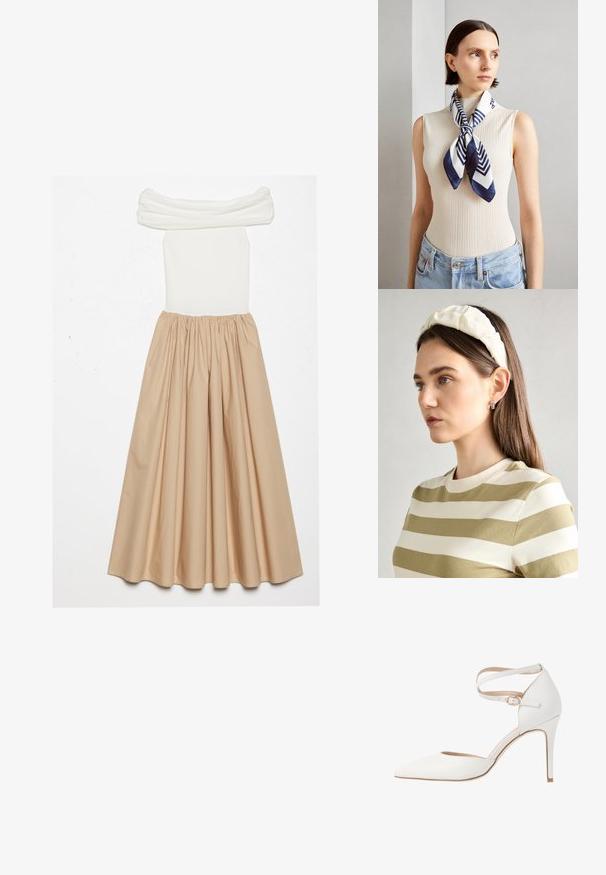 Vállnélküli ruha, amelynek testhezálló, fehér bordás felső része és egy légies bézs szoknyája van, amely a deréknál van összegyűjtve, így dús sziluettet alakít ki.; Fehér magasarkú cipő, hegyes orral, bokapánttal és texturált bőr felülettel. Lett egy elegáns kialakítása és vékony stiletto sarokkal rendelkezik.; Sötétkék és fehér selyem sál geometrikus zigzag mintával. Sima textúra, szépen megkötve a nyak körül, ami kiegészíti a bordázott felsőt.; Krém színű párnázott fejpánt csavaros kivitelezéssel, bézs és fehér csíkos pólóval párosítva, kerek nyakkivágással. Diszkrét ékszer kiegészítők.