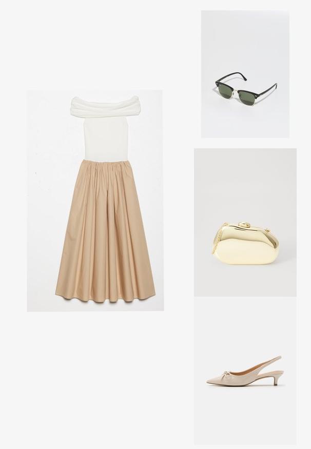 Abito off-shoulder con un corpetto aderente bianco a righe e una gonna beige fluente, raccolta in vita per una silhouette voluminosa.; Tacchi slingback in pelle verniciata beige con punta affusolata e un fiocco decorativo sulla tomaia. Presentano un tacco basso e sottile e una consistenza liscia.; Occhiali da sole neri e oro con lenti verdi, dotati di forma a occhio di gatto, accenti metallici e una montatura testurizzata.; Clutch metallico oro con una forma liscia e arrotondata, dotato di una chiusura a pulsante superiore e una piccola tracolla per il trasporto.