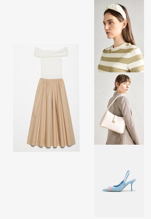 Off-shoulder dress featuring a fitted white ribbed bodice and a flowing beige skirt, gathered at the waist for a voluminous silhouette.; Light blue slingback pump with a pointed toe, featuring a pink ruffle detail and light blue accents, set on a slender high heel.; White leather handbag with a structured design, featuring a magnetic clasp and a shoulder strap, showcased against a neutral background.; Cream padded headband with twisted design, paired with a beige and white striped shirt featuring a round neckline. Subtle jewelry accents.