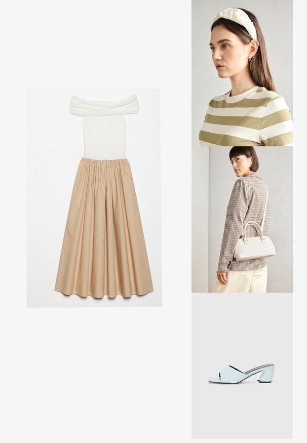 Robe décolletée présentant un corsage ajusté en blanc côtelé et une jupe beige fluide, froncée à la taille pour une silhouette volumineuse.; Mules à talons ouverts bleu clair avec un design géométrique, dotés d'une large bride sur le pied et d'un talon épais et angulaire.; Sac à main structuré blanc avec de courtes poignées et une bandoulière, doté de accents en métal doré et d'un matériau texturé, présenté sur un fond gris.; Un bandeau en créme rembourré avec un design torsadé, associé à une chemise rayée beige et blanche à col rond. Accent de bijoux discrets.