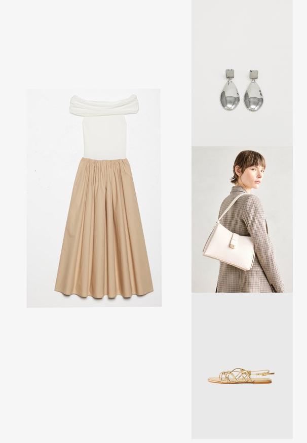 Robe décolletée présentant un corsage ajusté en blanc côtelé et une jupe beige fluide, froncée à la taille pour une silhouette volumineuse.; Sandale plate dorée à lanières avec un design tissé, une bride de cheville ajustable, une finition métallique lisse et une semelle plate simple.; Sac à main en cuir blanc au design structuré, doté d'un fermoir magnétique et d'une bandoulière, présenté sur un fond neutre.; Boucles d'oreilles en argent avec un clou carré, présentant une finition lisse et polie ainsi qu'une forme en goutte d'eau, réfléchissant la lumière grâce à une surface brillante.