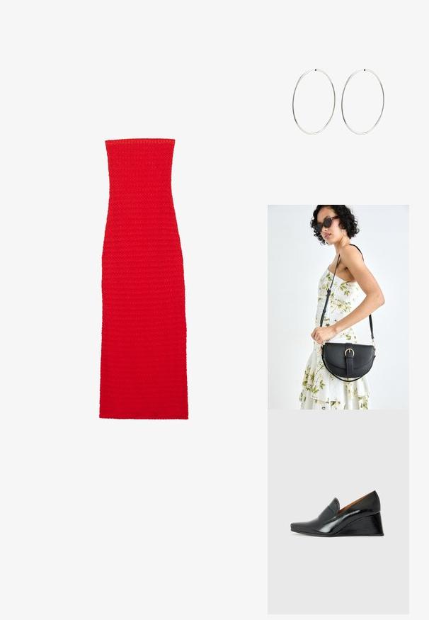 Punane kootud ilma rihmadeta kleit, lähedane siluett, tekstuuriga kangas, põranda pikkune disain lihtsa, sujuva konstrueeringuga.; Chie Mihara VECINO - Täistallaga kingad - black; Mustmust mustraha kõverate joontega, eemaldatava rihmaga ja kuldsete detailidega. Kotil on klapp, millel on pandladetail.; Hõbedased rõngaskõrvarõngad, millel on sujuv, ümmargune disain ja poleeritud viimistlus. Need on õhukesed ja kerged, omades lihtsat klambrit.