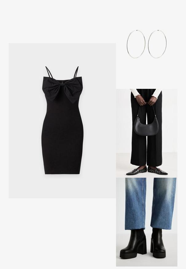 Vestido negro ajustado con un gran detalle de lazo en el escote, que presenta tirantes delgados ajustables y una textura de tela suave y elástica.; ALDO CHEVIEL - Botines de tacón - black; Bolso de hombro de cuero negro con forma redondeada, acabado brillante y herrajes plateados. Persona vistiendo pantalones anchos negros y mocasines con tachuelas.; Pendientes de aro plateados con un diseño redondo y liso, y un acabado pulido. Son delgados y ligeros, y cuentan con un sencillo cierre de gancho.