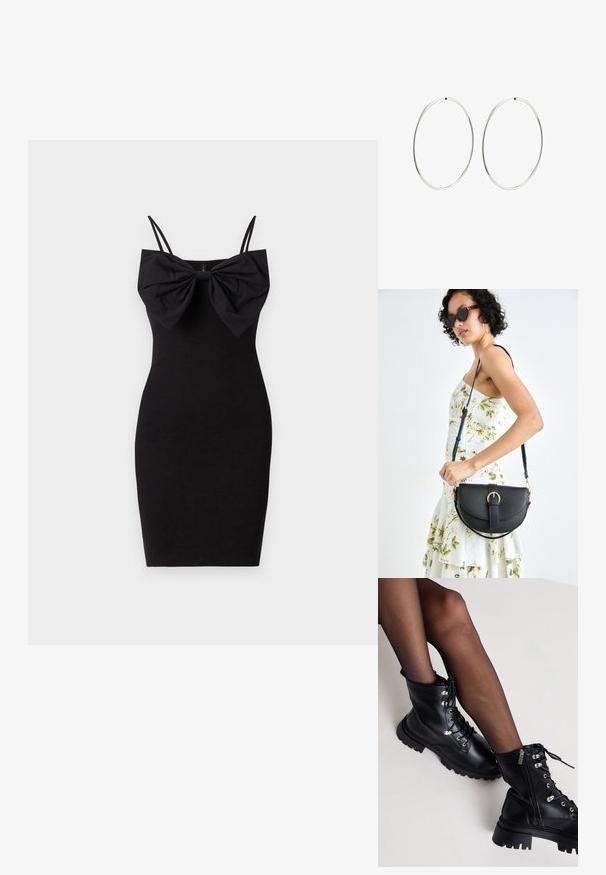 Czarna dopasowana sukienka z dużą kokardą przy dekolcie, z cienkimi regulowanymi ramiączkami oraz gładką, elastyczną teksturą materiału.; Even&Odd Wide Fit - Botki sznurowane; Czarna skórzana torebka o zakrzywionym kształcie, z odpinanym paskiem i złotymi akcentami. Torebka posiada klapę z zapięciem w kształcie klamry.; Srebrne kolczyki na kółku o gładkim, okrągłym kształcie i wypolerowanym wykończeniu. Są cienkie i lekkie, z prostym zapięciem.