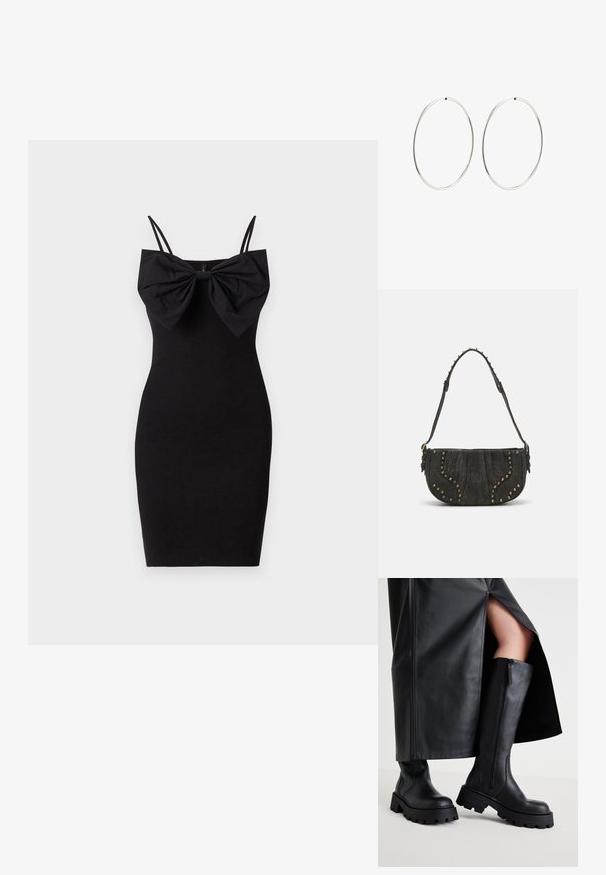 Mustvalgiga must kleit suure paela detailiga kaeluses, õhukeste reguleeritavate rihmadega ja sujuva, veniva kangastekstuuri korral.; Mustad põlveks ulatuvad mustad saapad, millel on paks tald, sile nahk, külglaan ja minimalistlik disain, koos musta lõhiku ja seeliku kombinatsiooniga.; Must mustahjust kott, millel on kumer disain, kinnitusdetailide ja tekstureeritud pinnaga. Reguleeritav rihm, mille serval on nupud.; Hõbedased rõngaskõrvarõngad, millel on sujuv, ümmargune disain ja poleeritud viimistlus. Need on õhukesed ja kerged, omades lihtsat klambrit.