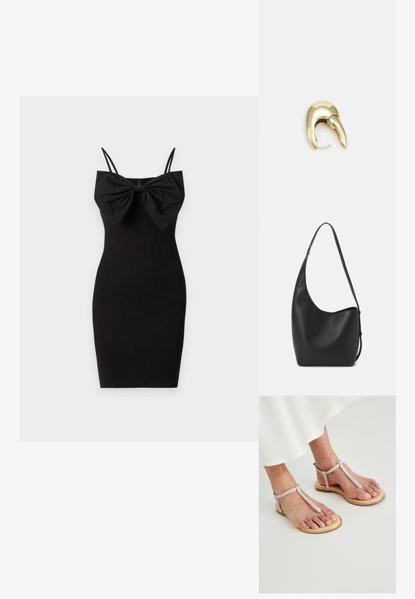 Melna pieguļoša kleita ar lielu loku detaļu ap kaklu, ar plānām regulējamām siksnām un gludu, elastīgu auduma faktūru.; Plakanās sandales ir ar vieglu iedeguma krāsas ādas zoli un zelta apdari. Siksnas ir sudraba krāsā ar teksturētu apdari, nostiprinoties pie potītes.; Melnas ādas hobo soma ar gludu tekstūru, izliekta forma un vienu regulējamu jostu; augšā ir plaša atvere.; Zeltīti metāla auskari ar gludu, izliekta dizaina. Ar atšķirīgu smailu formu, pulētu virsmu un eņģu aizdari.