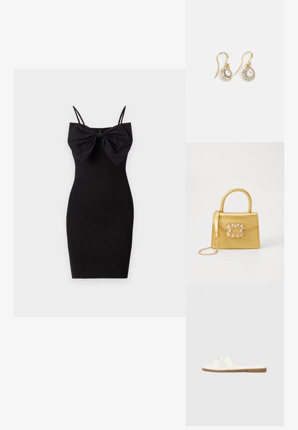 Robe noire ajustée avec un grand nœud décoratif au niveau du décolleté, dotée de fines bretelles ajustables et d'un tissu lisse et extensible.; Sandale plate blanche avec un design minimaliste, présentant deux brides croisées et des accents en métal doré sur une semelle marron.; Sac à main en faux crocodile jaune avec un design structuré, une poignée supérieure, une bandoulière en chaîne amovible, et un ornement cristallin décoratif sur le fermoir.; Boucles d'oreilles en ton or avec des cristaux transparents en forme d'ovale entourés de plus petits cristaux transparents, dotées d'un design à crochet pour un port sécurisé.