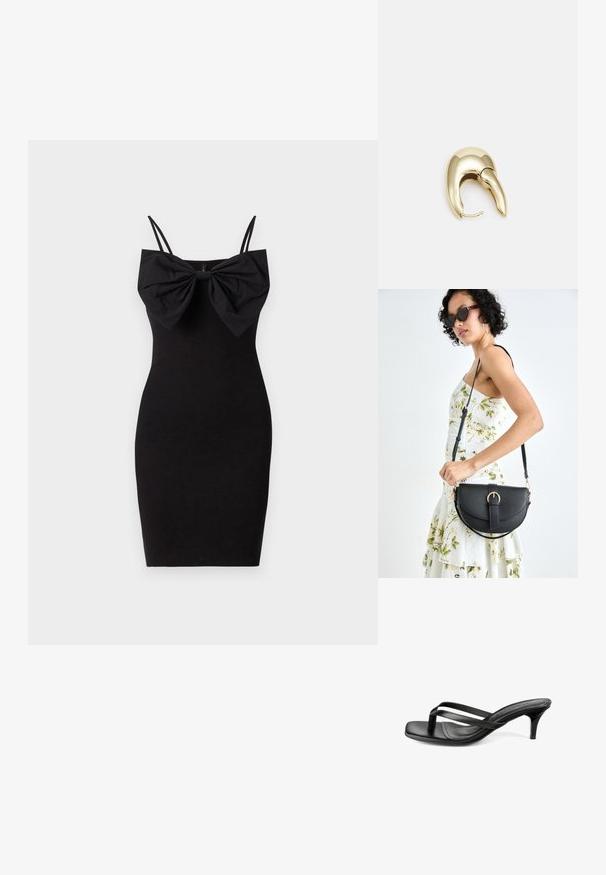 Mustvalgiga must kleit suure paela detailiga kaeluses, õhukeste reguleeritavate rihmadega ja sujuva, veniva kangastekstuuri korral.; Must mustrist sussa sandaal õhukeste risti rihmadega, ruudukujulise varbaga, pehme sisetallaga ja madala stilettokontsaga valge taustal.; Mustmust mustraha kõverate joontega, eemaldatava rihmaga ja kuldsete detailidega. Kotil on klapp, millel on pandladetail.; Kuldtooni metallist kõrvarõngas, millel on elegantne ja kaarjas disain. Omab silmapaistvat teravat kuju, poleeritud pinda ja hingesulgemist.