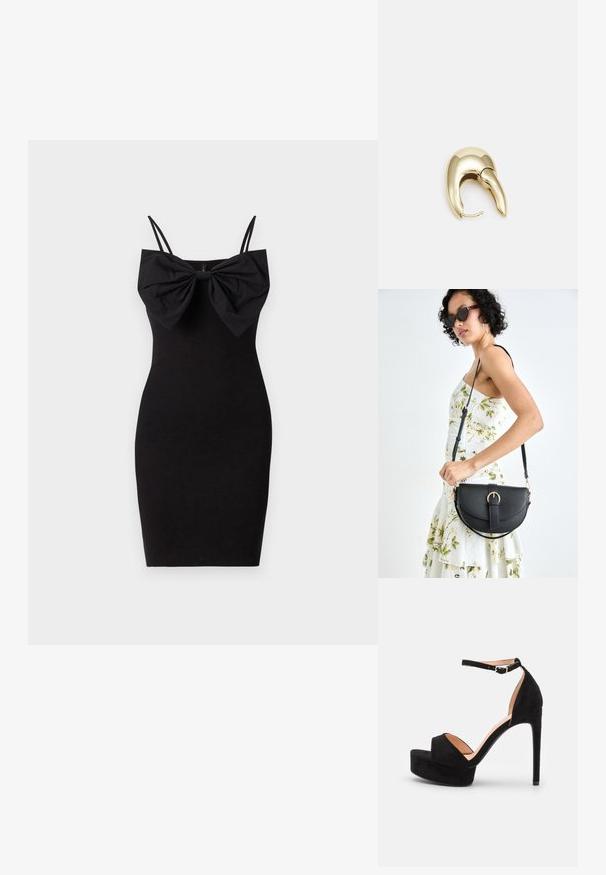 Svart tettsittende kjole med en stor sløyfedetalj ved utringningen, med tynne justerbare stropper og en glatt, elastisk tekstur.; Sorte semskede høyhælte sandaler med plattformsåle, ankelrem med sølvbeslag, åpen tå-design og glatt tekstur.; Svart lærveske med en buet form, avtagbar stropp og gullbeslag. Vesken har et klaff med spenne-detall.; Gullfarget metalløredobber med et elegant, buet design. Har en karakteristisk spiss form, polert overflate og hengsel-lukking.