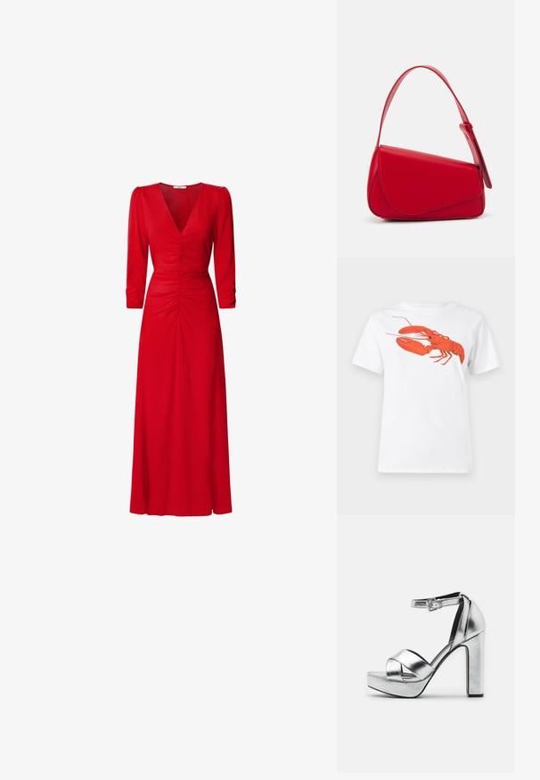 Raudona suknelė su V formos iškirpte, trimis ketvirtadaliais rankovėmis ir susiraukšlėjimo detalėmis juosmens ir nugaros srityse. Audinys atrodo lygus ir lengvas.; Balta medvilnė marškinėliai su dideliu, ryškiu raudonu omaru grafiku priekyje. Trumpomis rankovėmis ir standartiniu apvaliu kaklu.; Sidabrinės metalinės platforminės sandalai su aukštu blokuotu kulnu, pasižymintys dvigubo diržo dizainu ir reguliuojamu kulkšnies dirželiu.; Raudona odinė rankinė su kampuota, geometrine forma. Pasižymi viena reguliuojama dirželiu ir dangteliu su siuvinėtais dekoracijomis.