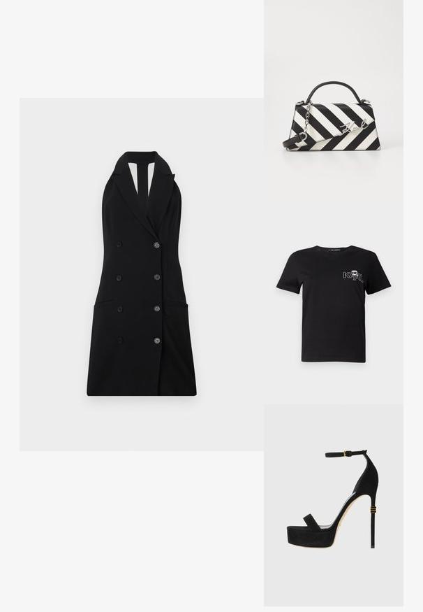 Musta kaksoisnapillinen bleiserimekko, jossa on halterneck-muotoilu, kaksi etutaskua ja hopeiset nappikoristeet.; Lyhythihainen musta t-paita, joka on valmistettu puuvillasta. Paidassa on valkoinen graafinen kuvasto, jossa on teksti "KARL" ja tyylitelty hahmo rintamuksessa. Pyöreä pääntie.; Mustat mokkanahka korkeakorkoiset korkokengät, joissa on nilkkahihna ja kultasävyiset koristeet. Tosi piikkikorko ja pyöreä kärki.; Mustikkamustavalkoinen raita käsilaukku, jossa on jämäkkä muoto, ylhäällä oleva kahva, irrotettava ketjuhihna ja metallinen logoelementti.