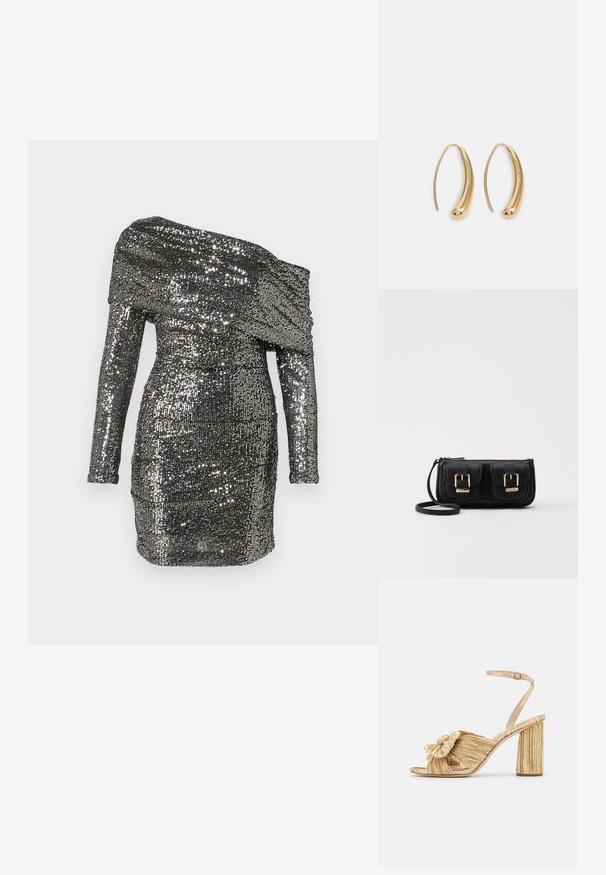 Blizgučiais puošta suknelė su nelygiais pečiais, ilgomis rankovėmis ir aptemptu siluetu. Pagaminta iš sidabrinės spalvos metalinio audinio.; Auksinės kulno sandalai su susuktų priekiu, godžių tekstūra ir kulkšnies juosta. Bloko kulnas turi briaunotą dizainą, kuris pagerina sukibimą.; Juodas odinis per petį nešiojamas krepšys su dviem priekiniais kišenėmis, auksiniais sagtimis, užtrauktuko uždarymu ir siauromis petnešomis. Textūruota paviršius ir kompaktiškas stačiakampis formatas.; Auksinės metalinės auskarų kabės su lenktą, pailgą forma. Turi lygų, blizgantį paviršių ir užapvalintą galiuką papildomam akcentui.
