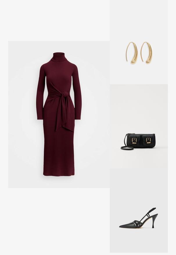 Burgunderfarget langermet kjole med falsk høyhals, med en knute detalj i midjen og en kroppsnær silhuett. Glatt tekstur, gulvlengde.; Sorte lærhæl med åpen bak, spiss tå, krysset stropp design, og slank stiletthæl. Glatt tekstur og minimale detaljer.; Svart skinn crossbody veske med to frontlommer, gyldne spenner, glidelåslukking og en slank stropp. Teksturert overflate og kompakt rektangulær form.; Gullfargede metalløredobber med en buet, forlenget form. Har en jevn, blank overflate og en avrundet tupp for ekstra detaljer.