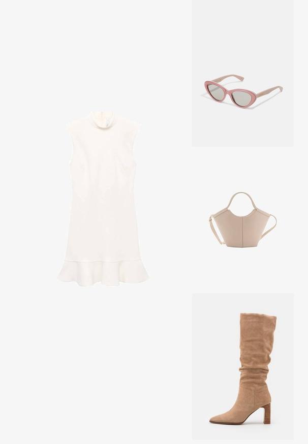 Biała sukienka bez rękawów z wysokim dekoltem, z rozkloszowanym dołem i gładką fakturą. Prosty fason bez wzorów i widocznych elementów metalowych.; Beżowe zamszowe botki sięgające do kolan o luźnym kroju, zakończone w szpic oraz na stabilnym, żłobionym słupku. Gładka tekstura i smukły kształt.; Gucci Okulary przeciwsłoneczne; Beżowa skórzana torebka o unikalnym kształcie, z dwoma krótkimi uchwytami i długim, regulowanym paskiem. Gładka tekstura z minimalną ilością elementów metalowych.