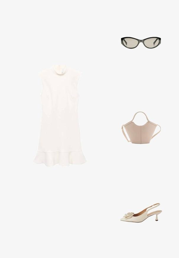Biele bezrukávové šaty s vysokým golierom, so splývavým lemom a hladkým povrchom. Jednoduchý dizajn bez vzorov alebo viditeľného hardvéru.; Next FOREVER COMFORT CORSAGE SLINGBACK - Klasické lodičky na opätku - bone; Čierne slnečné okuliare v tvare mačacích očí so šedými tónovanými sklami. Plastový rám má ostré hrany a hladký, lesklý povrch.; Béžová kožená kabelka s unikátnym tvarom, vybavená dvoma krátkymi uchami a jedným dlhým nastaviteľným popruhom. Hladký povrch s minimálnym kovovým príslušenstvom.