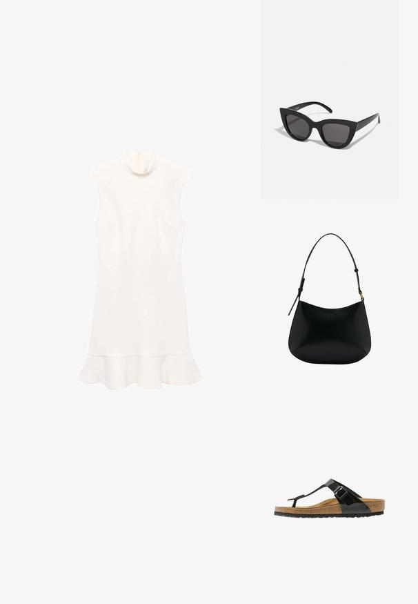 White sleeveless dress with a high neck, featuring a flared hem and smooth texture. Simple design without patterns or visible hardware.; Black patent thong sandal with adjustable buckle, cork footbed, and rubber sole. Features a sleek design with a textured footbed.; Black cat-eye sunglasses with a matte finish, featuring gray tinted lenses, sharp angles, and sleek side arms. Brand name visible on the inner arm.; Black leather shoulder bag with a smooth texture, curved shape, and adjustable handle. Features minimal stitching and a simple design.