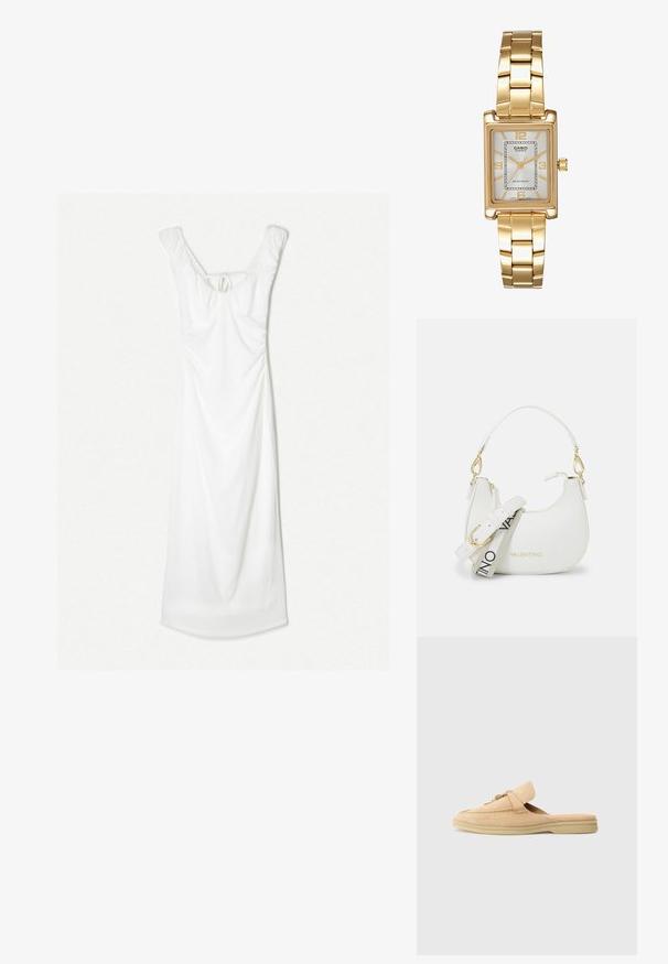 White dress with a fitted body and flowing skirt. Features ruched detail and a tie at the back, with a scoop neckline and soft texture.; Beige suede slip-on shoe with a rounded toe, decorative stitching, and a gold-toned hardware accent. Flat sole and soft interior lining.; White handbag with a curved silhouette, textured leather, gold hardware, and a detachable strap featuring a logo and buckle detail.; Gold-tone rectangular wristwatch with a white dial, silver-tone hour markers, and a durable metal link bracelet. Water-resistant feature included.