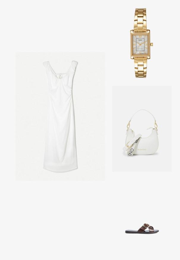 Hvid kjole med tætsiddende overdel og svajende nederdel. Har rynket detalje og bindebånd bagpå, med rund halsudskæring og blød tekstur.; Brune læder slide sandal med krydsede stropper, der har en cirkulær guld spænde detalje og en flad, sort gummisål.; Hvid håndtaske med en buet silhuet, tekstureret læder, gyldent hardware og en aftagelig strop med et logo og spænde detaljer.; Guldtonet rektangulær armbåndsur med en hvid skive, sølvtonede time markører og et holdbart metalled. Vandafvisende funktion inkluderet.