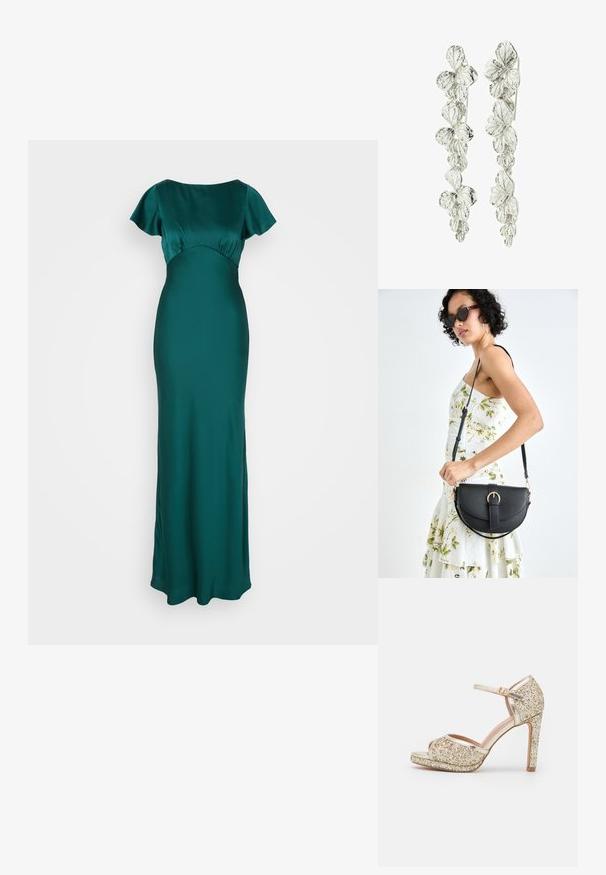 Duga satenska haljina u dubokoj tkanini, s kratkim lepršavim rukavima i prilagođenim korzetom, koji se nesmetano širi do ravnog rubu.; Zlatne šljokaste sandale s visokom potpeticom, otvorenim prstima, kaišem oko gležnja i debelim platformama. Glatki metalik dodaci poboljšavaju ukupni dizajn.; Crna kožna torba s lukovitim oblikom, odvojivim remenom i zlatnim detaljima. Torba ima preklop s kopčom.; Srebrne naušnice s cvjetnim uzorkom i slojevitim listovima. Tekstura izgleda složeno i polirano, ističući prirodni motiv.