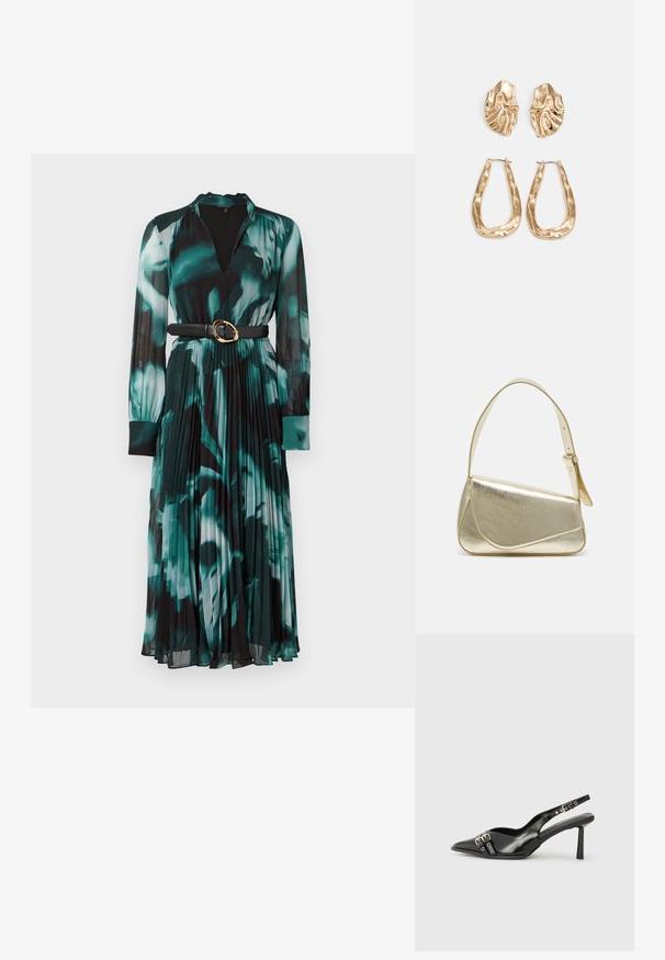 Ilgais rankovėmis suknelė žaliai juoda gėlių raštu, su V formos iškirpte, klostėta sijonu ir juodu diržu su auksine sagtimi.; Juodas lakuotas odinis batelis su smailiu pirštu, kulkšnies dirželiais su sidabrinėmis sagtimis ir detalėmis, bei plonu kulnu.; Aukso metalinės rankinės su struktūrizuotu dizainu, lygaus paviršiaus ir reguliuojama dirželiu. Pasižymi unikaliu trikampiu pavidalu ir minimalizmu siuvinėjime.; Auksinės auskarai, turintys tekstūruotus, bangų formos elementus. Įeina skulptūriniai segami auskarai ir atviri lankai su išmuštu paviršiumi.