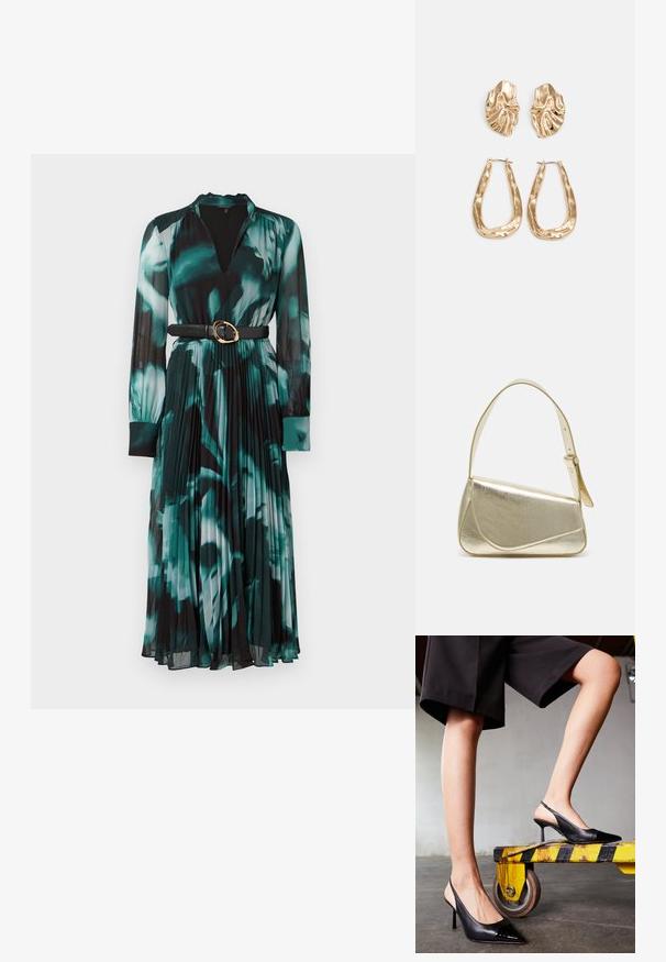 Haljina dugih rukava u zeleno-crnoj cvjetnoj printu, s v-izrezom, plisiranim suknjom i crnim remenom sa zlatnom kopčom.; Crne slingback potpetice s šiljastim vrhom, s sjajnim lakiranim vrhom. Stiletto potpetica, glatki kožni dizajn i minimalistički silueta.; Zlatna metalna torba s uređenim dizajnom, glatkom teksturom i podesivim remenom. Ima jedinstven trokutasti oblik i minimalističko šivanje.; Naušnice zlatne boje s teksturiranim, valovitim oblicima. Uključuju skulpturalne kopče i dizajn otvorene kružnice s kovanom završnom obradom.