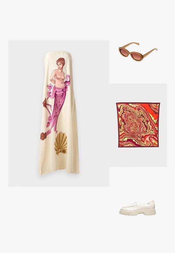 Robe sans bretelles de couleur crème avec une grande illustration colorée d'une figure classique, agrémentée d'accents floraux en rose et marron, présentant un design fluide.; Mocassin blanc en cuir avec une semelle épaisse et texturée et un petit détail de sangle sur le dessus. Design minimaliste et finition lisse.; Lunettes de soleil en plastique marron avec une forme ovale et des verres roses dégradés. Elles possèdent des branches fines et élégantes ainsi qu'un logo discret sur le côté.; Foulard en soie carré présentant un motif abstrait vibrant en rouge, rose et vert, bordé d'une finition bordeaux profond.