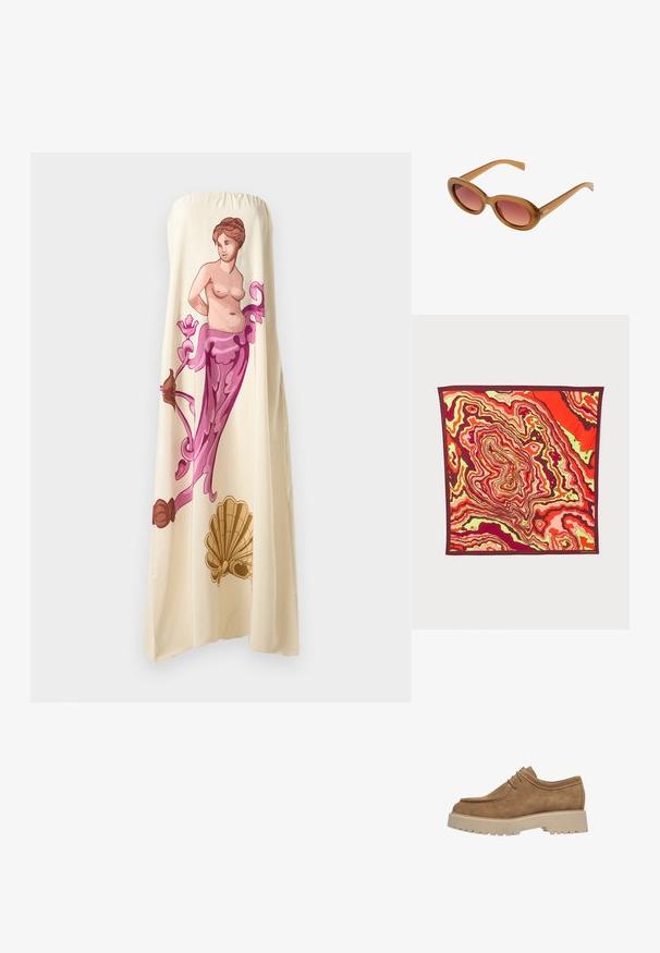 Vestido crema sin tirantes que presenta una gran ilustración colorida de una figura clásica con acentos florales en rosa y marrón, mostrando un diseño fluido.; Zapato de ante marrón con puntera redondeada, diseño de cordones y suela de goma beige gruesa con profundas estrías para mayor tracción.; Gafas de sol de plástico marrón con forma ovalada y lentes degradados en rosa. Presentan varillas delgadas y elegantes, y un logo sutil en el costado.; Pañuelo cuadrado de seda con un vibrante patrón abstracto en rojo, rosa y verde, bordeado con un profundo ribete burdeos.