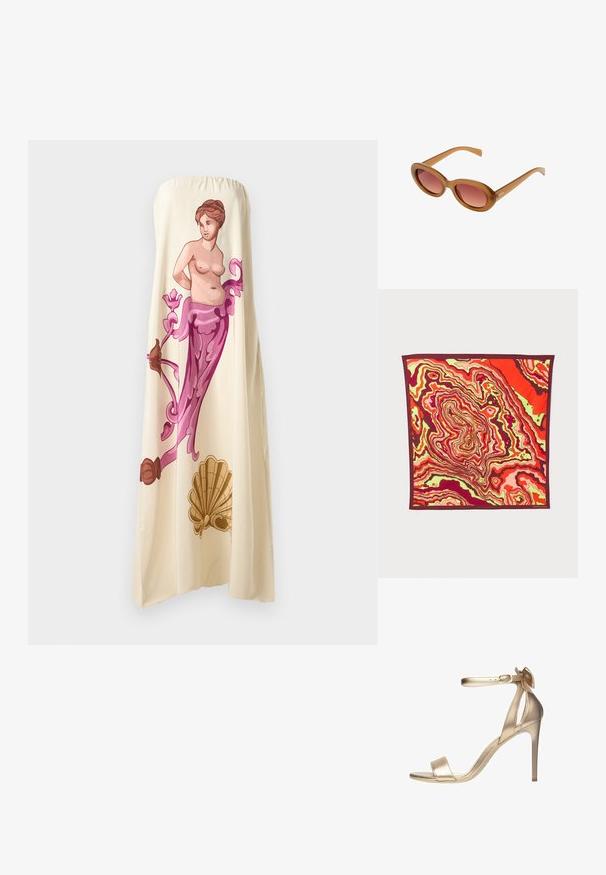 Strapless crèmekleurige jurk met een grote, kleurrijke illustratie van een klassieke figuur met bloemaccenten in roze en bruin, die een vloeiende stijl uitstraalt.; Gouden metallic hakken sandaal met een dunne enkelband, open teen en een soepele textuur. Beschikt over een delicate strikaccent bij de hak.; Bruine plastic zonnebril met een ovale vorm en gradient rozenkleurige glazen. Heeft dunne, slanke pootjes en een subtiel logo aan de zijkant.; Zijde vierkante sjaal met een levendig abstract patroon in rood, roze en groen, omrand met een diep bordeauxrode rand.