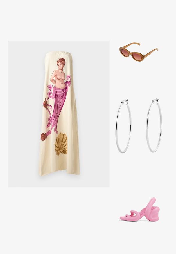 Strapless crèmekleurige jurk met een grote, kleurrijke illustratie van een klassieke figuur met bloemaccenten in roze en bruin, die een vloeiende stijl uitstraalt.; Roze sculpturale hoge hakken sandaal met een golvend ontwerp en een chunky hak, gemaakt van glad plastic met uitsparingen in het teengebied.; Bruine plastic zonnebril met een ovale vorm en gradient rozenkleurige glazen. Heeft dunne, slanke pootjes en een subtiel logo aan de zijkant.; Zilveren oorringen met een gladde, gepolijste oppervlakte en een dunne, ronde vorm. Het ontwerp heeft een veilige sluiting.