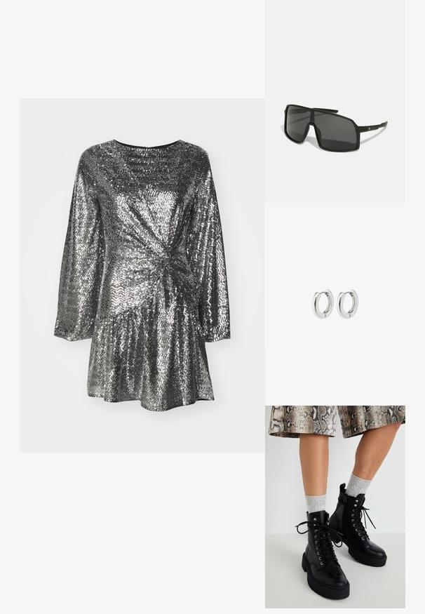 Vestido de lentejuelas plateadas con mangas largas, que presenta un diseño frontal retorcido y una falda acampanada. Textura suave con superficie reflectante.; Steve Madden GUSTO - Botines con plataforma - black; Gafas de sol negras con una gran montura angular, lentes oscuros y varillas delgadas y elegantes con un pequeño logo en un lado.; Pendientes de aro de plata con un acabado pulido, que presentan un diseño circular y bisagras sin costuras, exhibiendo una textura suave.