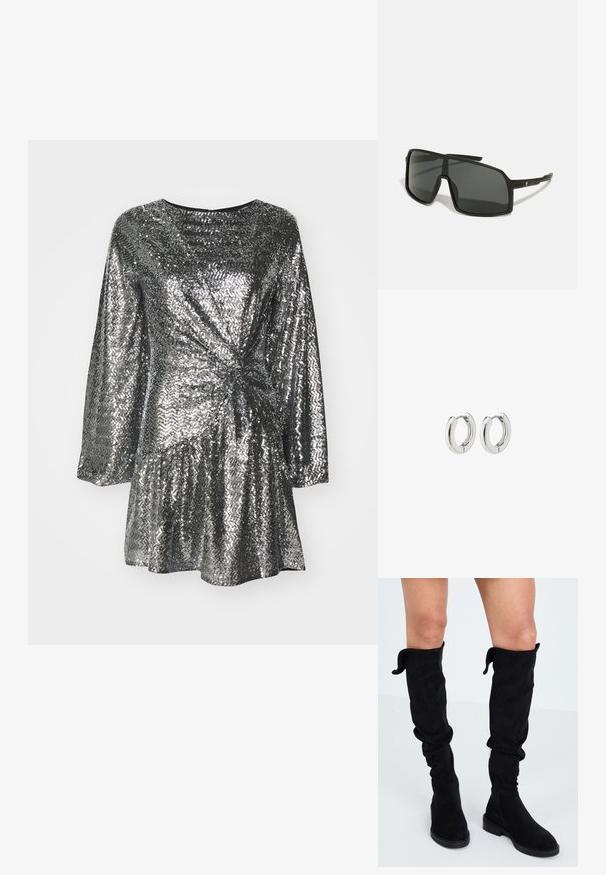 Abito argento con paillettes e maniche lunghe, caratterizzato da un design frontale attorcigliato e gonna svasata. Texture liscia con superficie riflettente.; Stivali over-the-knee in suede nero con tessuto morbido, design scampanato, punta arrotondata, suola piatta e una cerniera laterale per una facile vestibilità.; Occhiali da sole neri con una grande montatura angolare, lenti scure e aste sottili e affusolate, con un piccolo logo su un lato.; Orecchini a cerchio in argento con una finitura lucida, caratterizzati da un design circolare e cerniere senza soluzione di continuità, che mostrano una superficie liscia.